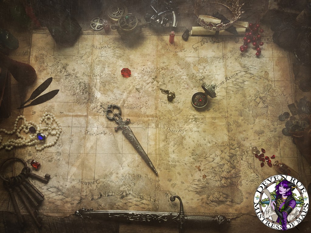 Photograph of an aged and stained map surrounded by daggers, jewelry, potions, a crown, gems, and jailer keys. The photo is made to look aged with a filter tinted gold. 