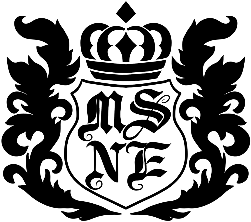 A decorative illustration of the Magisterial Society of Navigators and Explorers’ crest. It features a shield with a crown above it, filigree leaves on both sides, and the letters M, S, N, E inside the shield.